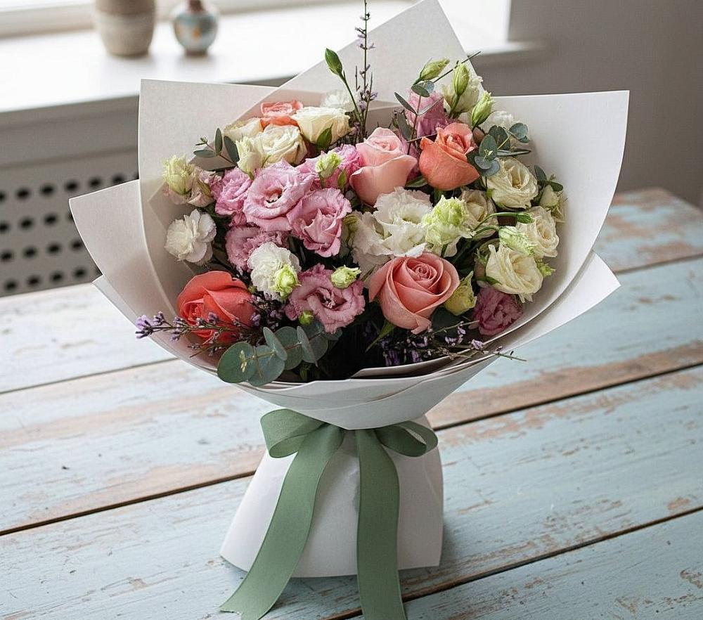 Букет цветов из: Розы, Лизиантусы и Гвоздики в Кандрах