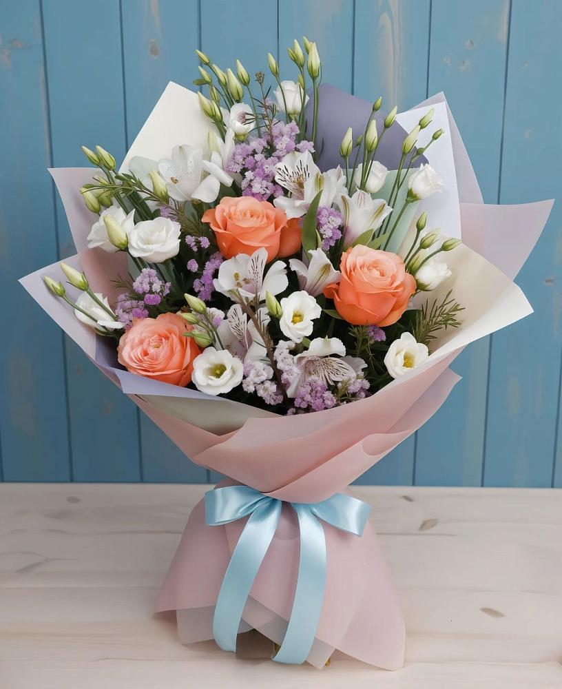 Букет цветов из: Лизиантусы, Розы, Альстромерии и Гипсофила в Кандрах