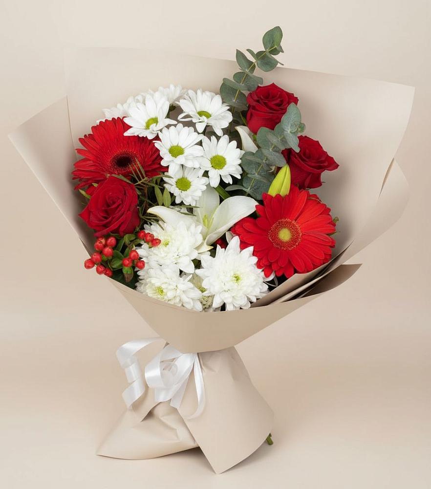 Букет цветов из: Розы, Хризантемы, Герберы и Лилии в Кандрах